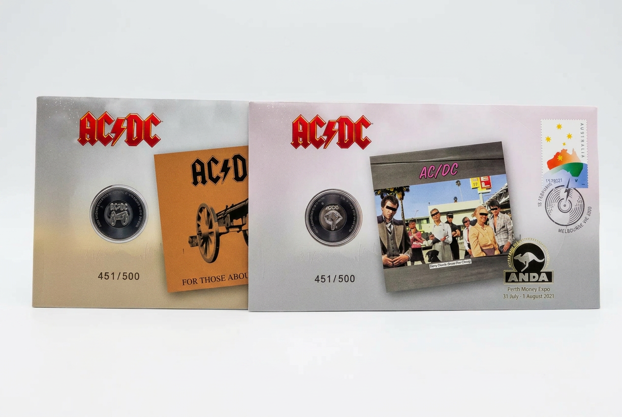 AC/DC Two PNC Set — for Those About to Rock & Dirty Deeds Done Dirt Cheap, ANDA Melbourne Money Expo 2021 (451/500) front