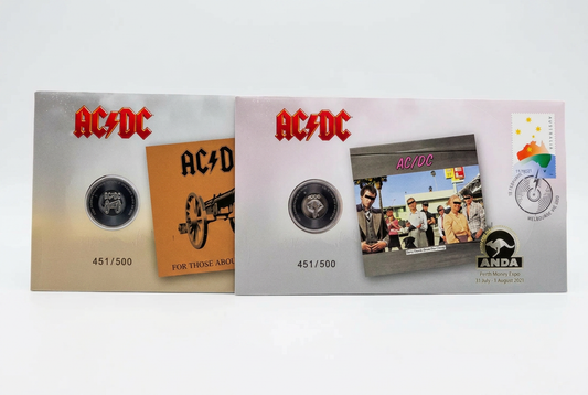 AC/DC Two PNC Set — for Those About to Rock & Dirty Deeds Done Dirt Cheap, ANDA Melbourne Money Expo 2021 (451/500) front