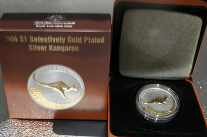 2004 $1 Selectively Gold Plated Fine Silver Kangaroo Coin — Royal Australian Mint — 1oz Fine Silver front