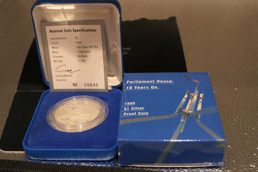 1998 Parliament House: 10 Years on $1 Fine Silver Proof Coin — Royal Australian Mint — No. 05640 front