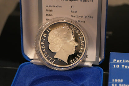 1998 Parliament House: 10 Years on $1 Fine Silver Proof Coin — Royal Australian Mint — No. 05640 image 3