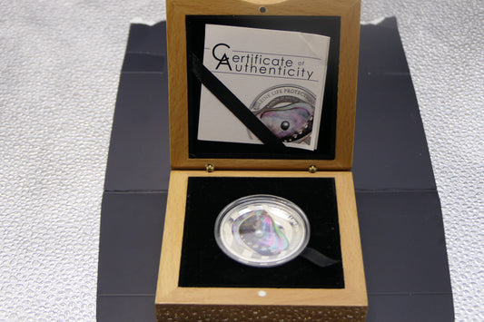 2013 Republic of Palau $5 Marine Life Protection — Pearl Oyster Silver Proof Coin — Real Mother-of-Pearl Insert front
