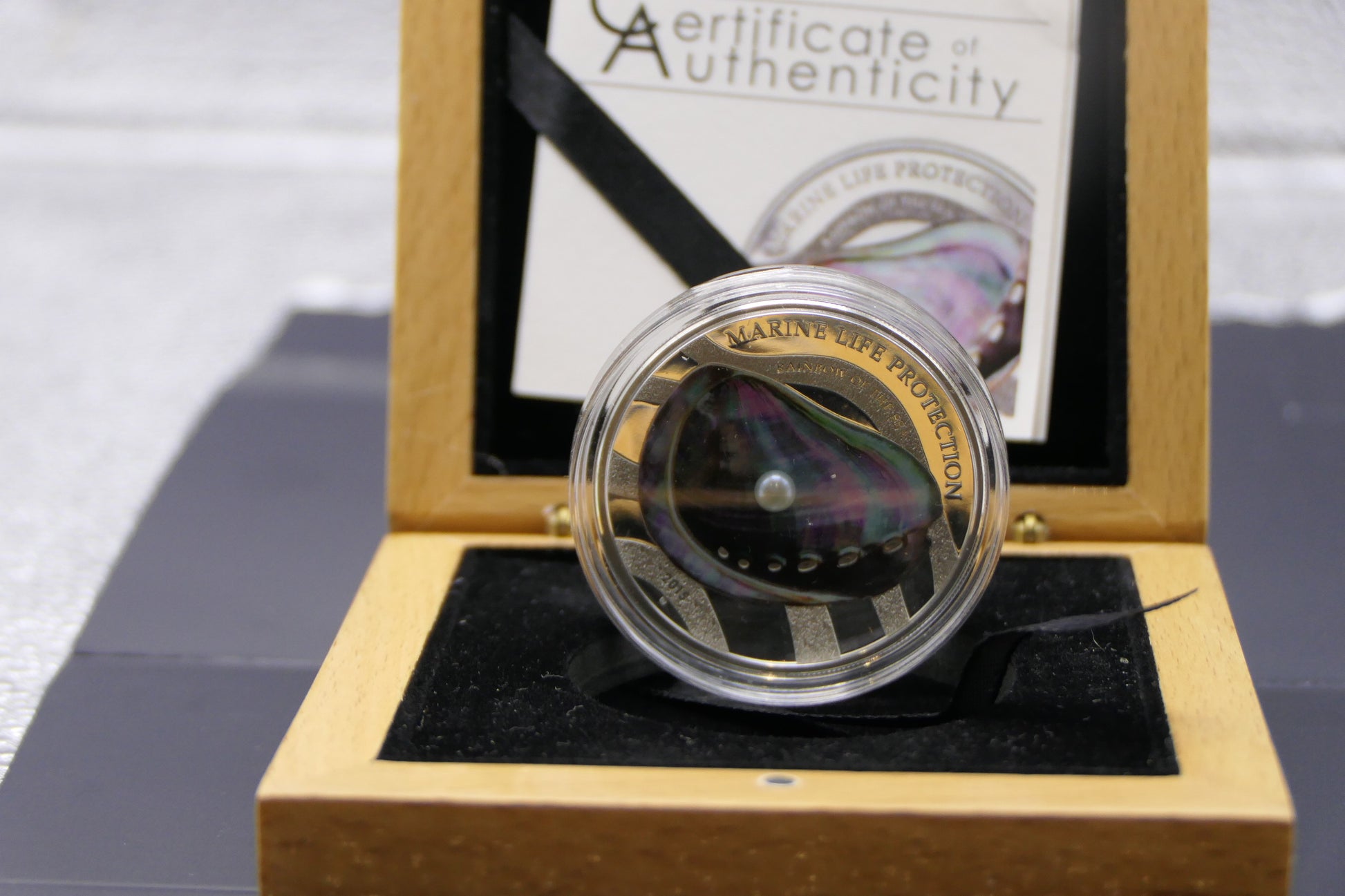 2013 Republic of Palau $5 Marine Life Protection — Pearl Oyster Silver Proof Coin — Real Mother-of-Pearl Insert reverse