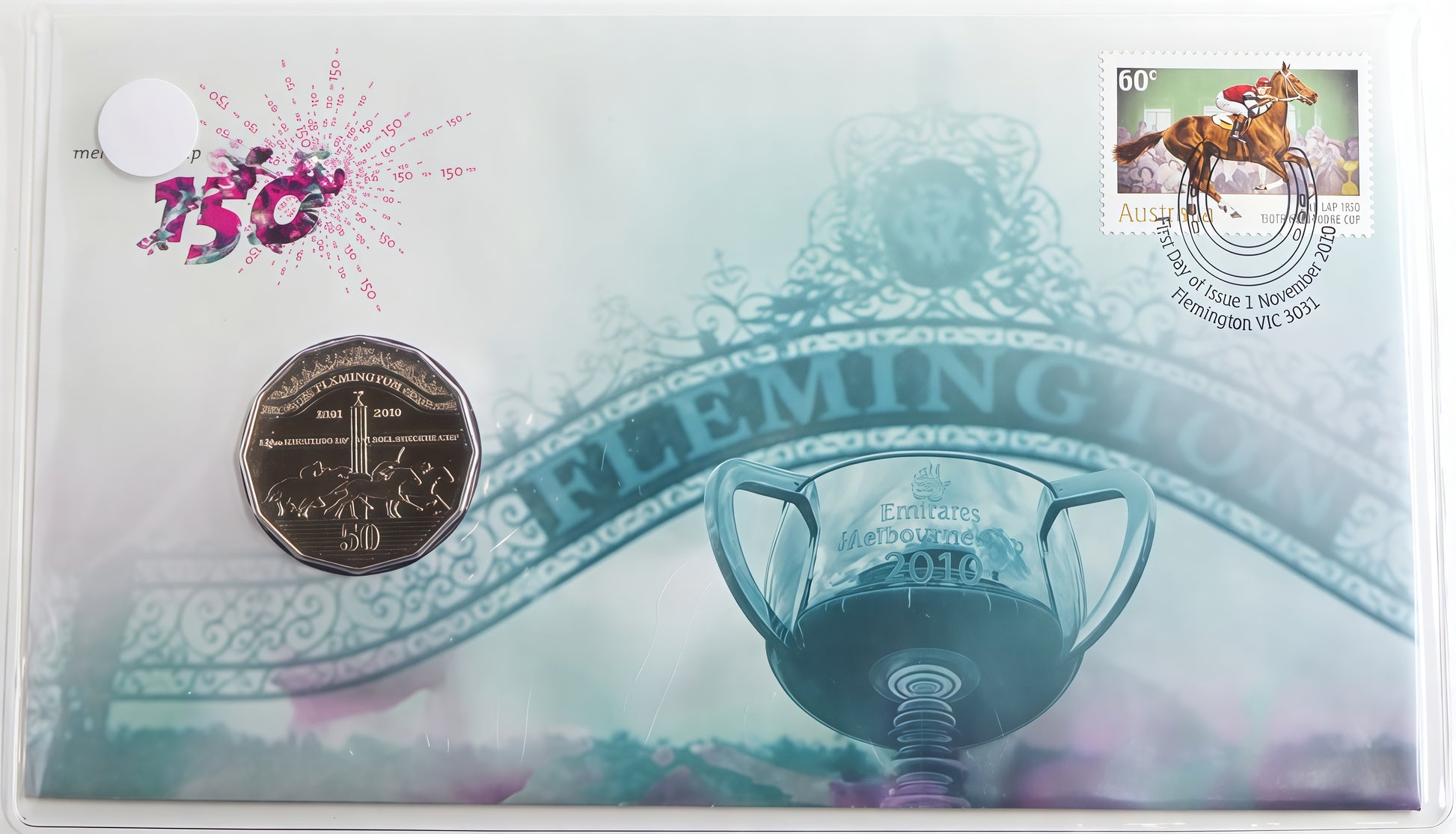2010 Melbourne Cup 150 Years PNC — Flemington First Day Issue — 50c Coin Cover front