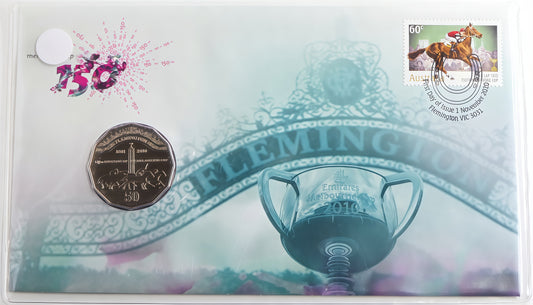 2010 Melbourne Cup 150 Years PNC — Flemington First Day Issue — 50c Coin Cover front
