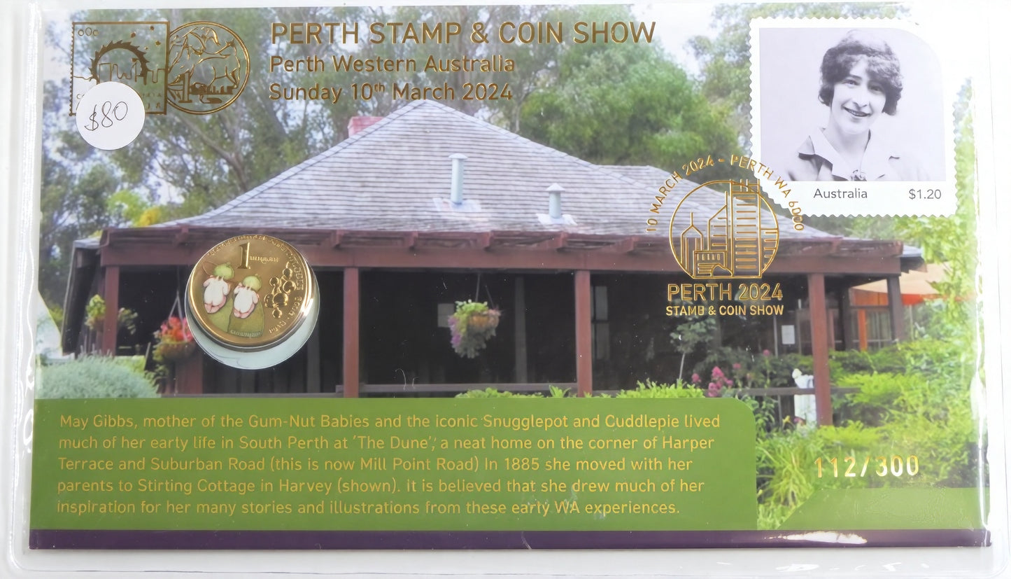 Perth Stamp & Coin Show 2024 Coin Cover — May Gibbs — Limited 112/300 — Perth Wa PNC front