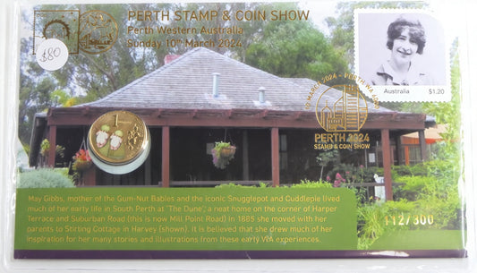 Perth Stamp & Coin Show 2024 Coin Cover — May Gibbs — Limited 112/300 — Perth Wa PNC front