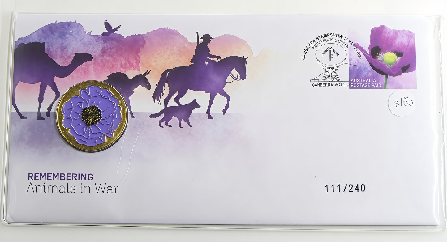 Remembering Animals in War Coin Cover — Canberra Stamp Show — Limited 111/240 — Purple Poppy PNC front