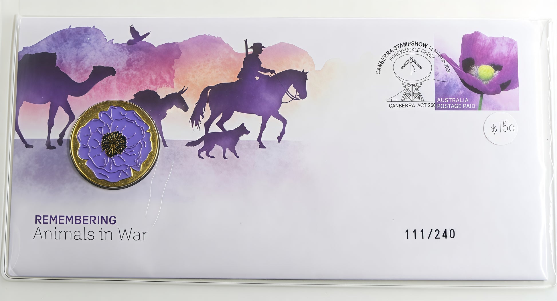 Remembering Animals in War Coin Cover — Canberra Stamp Show — Limited 111/240 — Purple Poppy PNC front
