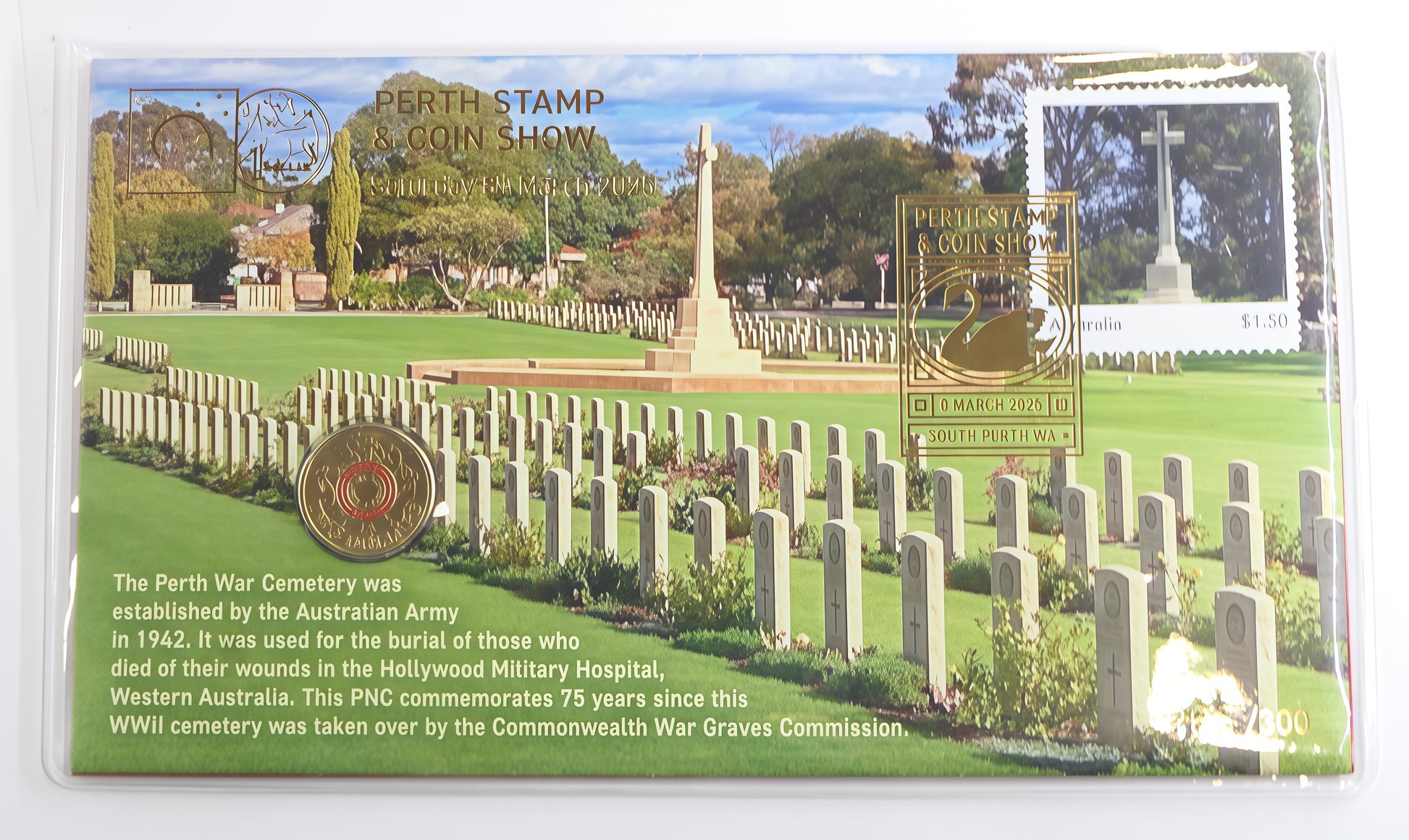 Perth Stamp & Coin Show 2026 Coin Cover — Perth War Cemetery — Limited 300 — South Perth Wa PNC front
