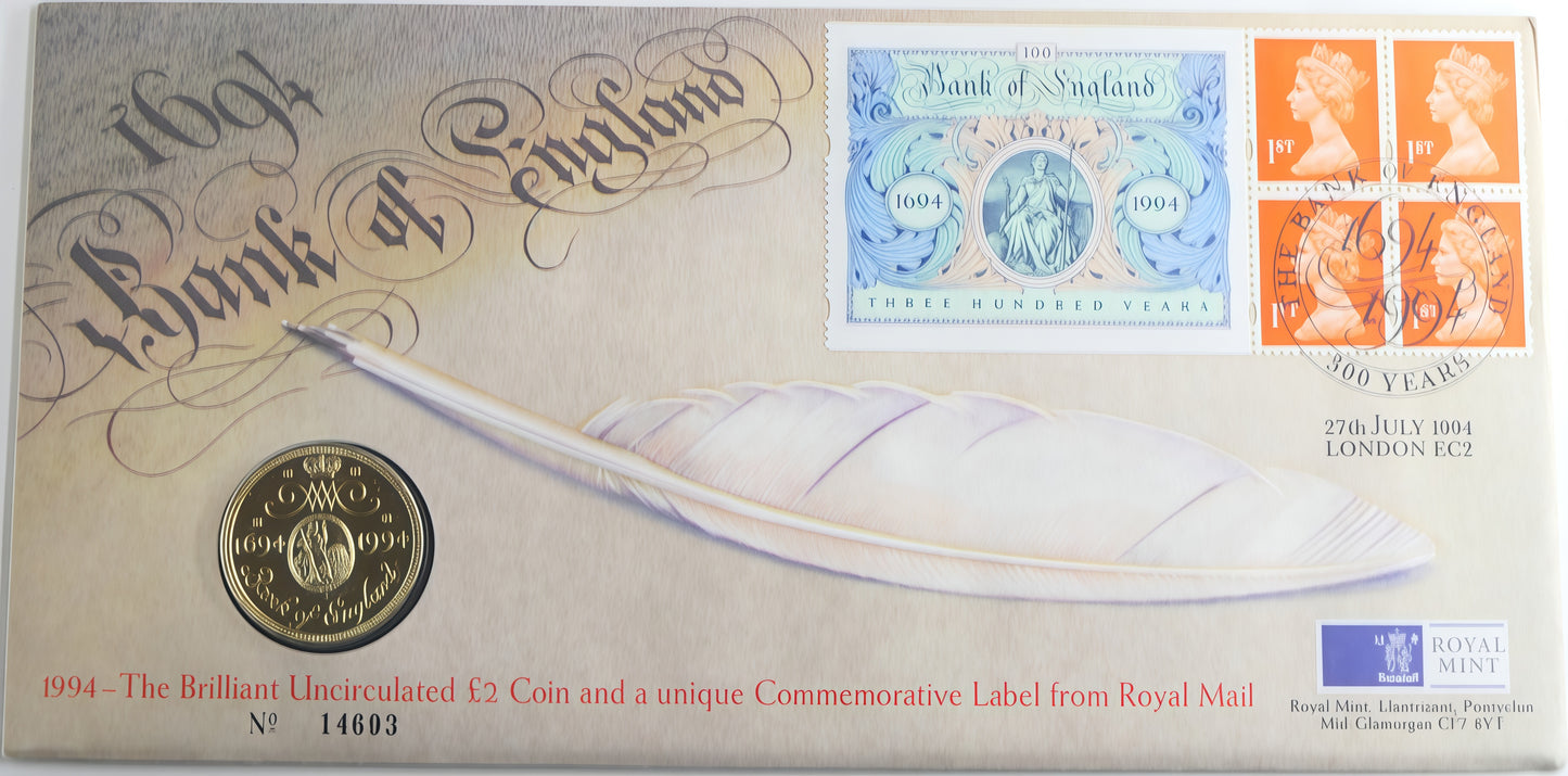 1994 Bank of England £2 Coin Cover — Royal Mint 300 Years Commemorative — No. 1460 PNC front