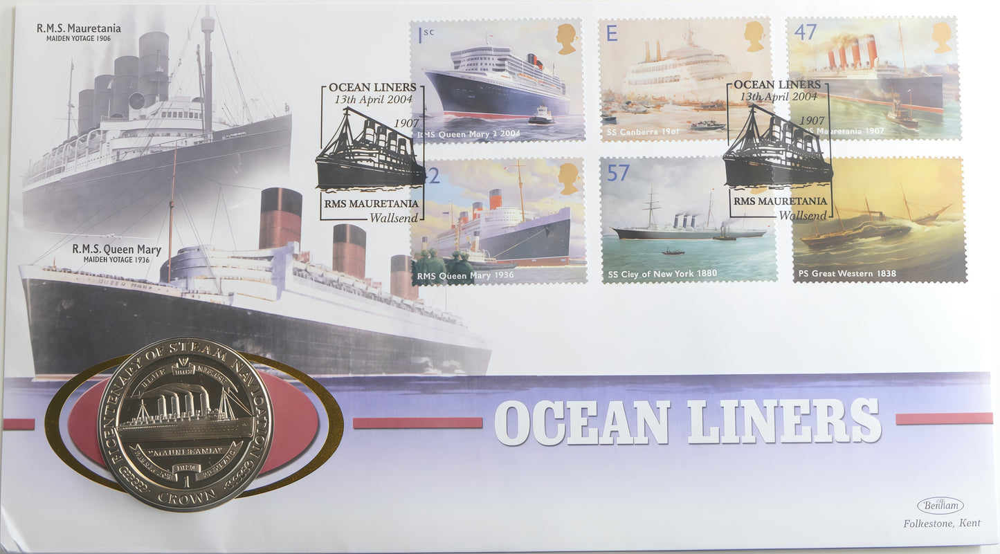 Ocean Liners Coin Cover — Rms Mauretania & Queen Mary — Benham Crown Issue 2004 PNC front