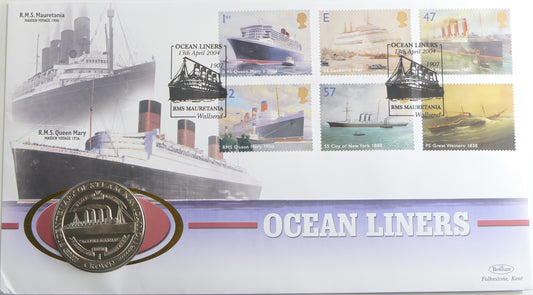 Ocean Liners Coin Cover — Rms Mauretania & Queen Mary — Benham Crown Issue 2004 PNC front
