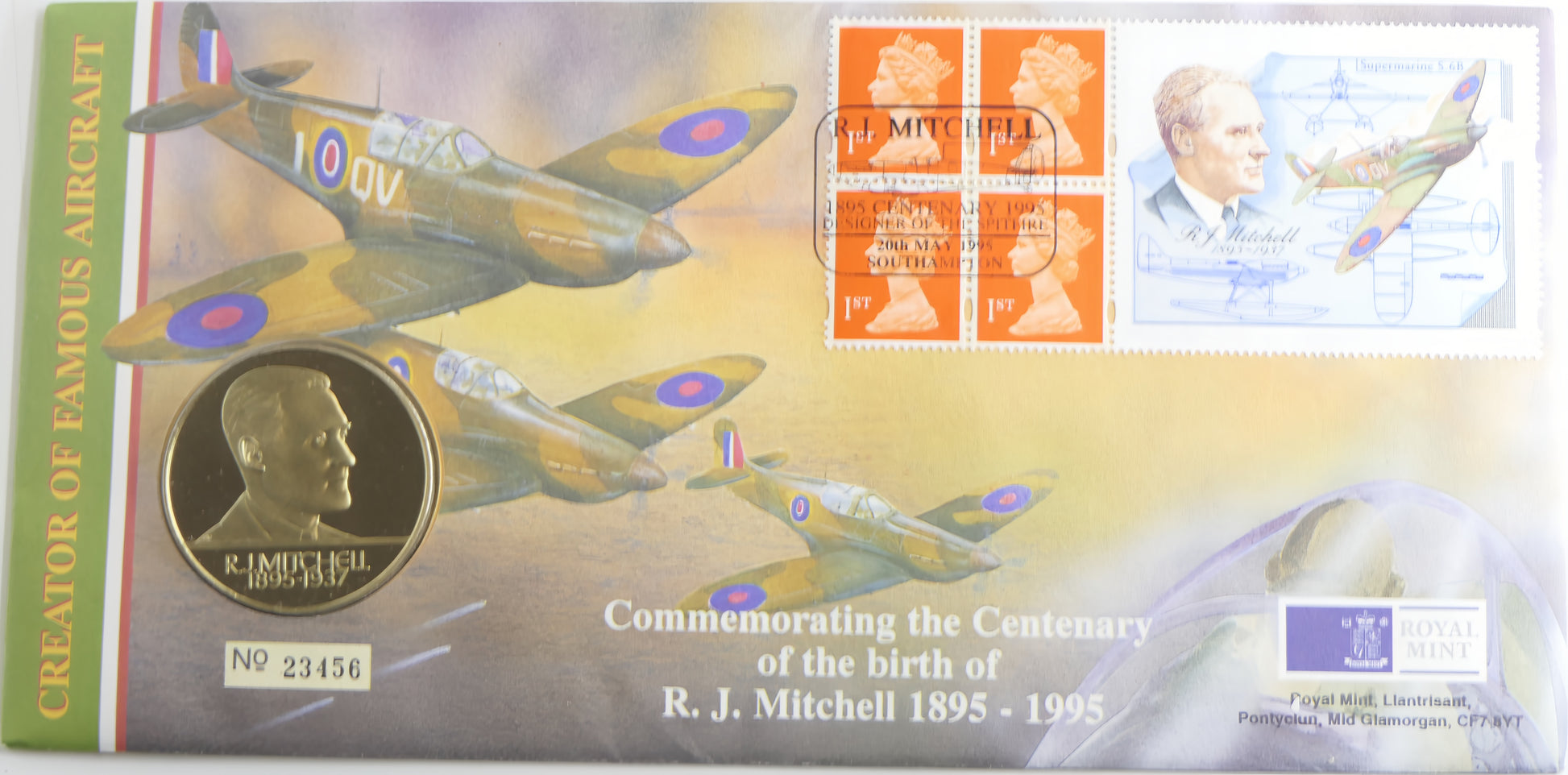 R.j. Mitchell Spitfire Coin Cover — Royal Mint Centenary 1895—1995 — Numbered Issue PNC front