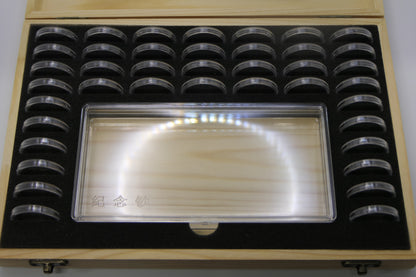 H·f Wooden Coin Collection Box with 30 Capsules & Display Tray front