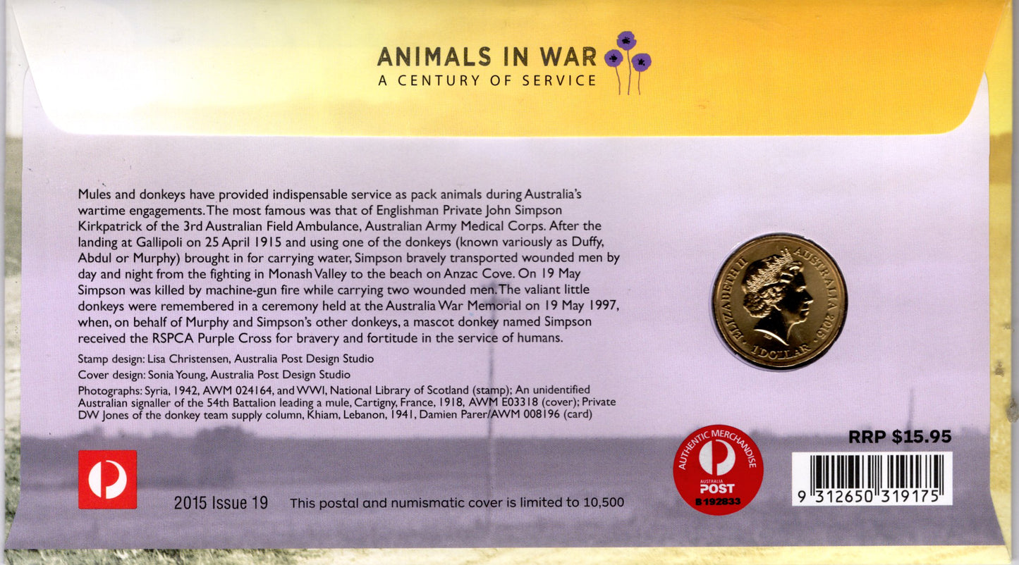2018 Unlikely Heroes — Animals in War PNC — First Day of Issue Canberra Act reverse