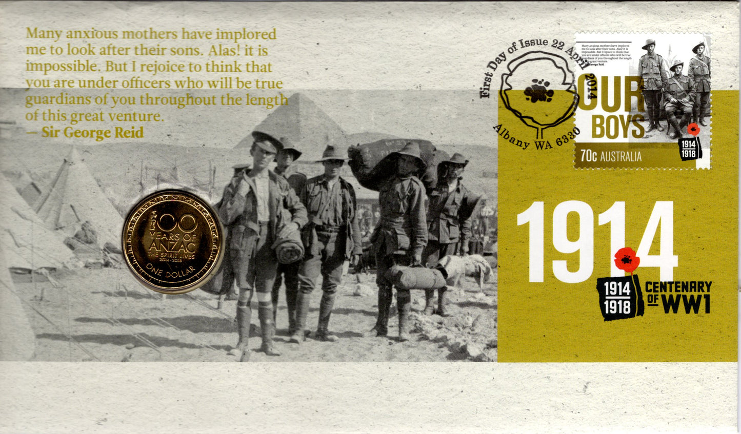 2014 Centenary of Wwi 1914 — Our Boys PNC — First Day of Issue Albany Wa front