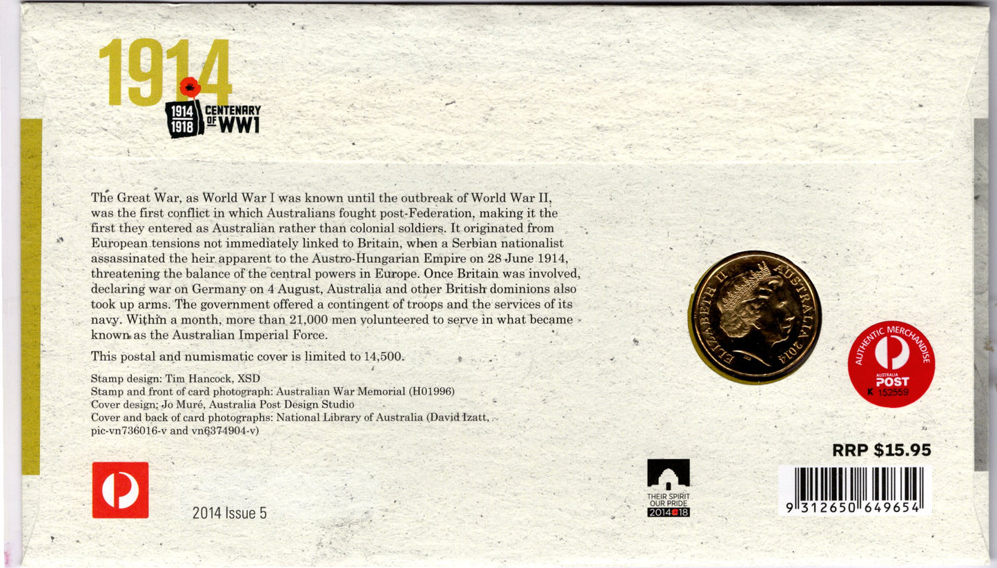 2014 Centenary of Wwi 1914 — Our Boys PNC — First Day of Issue Albany Wa reverse