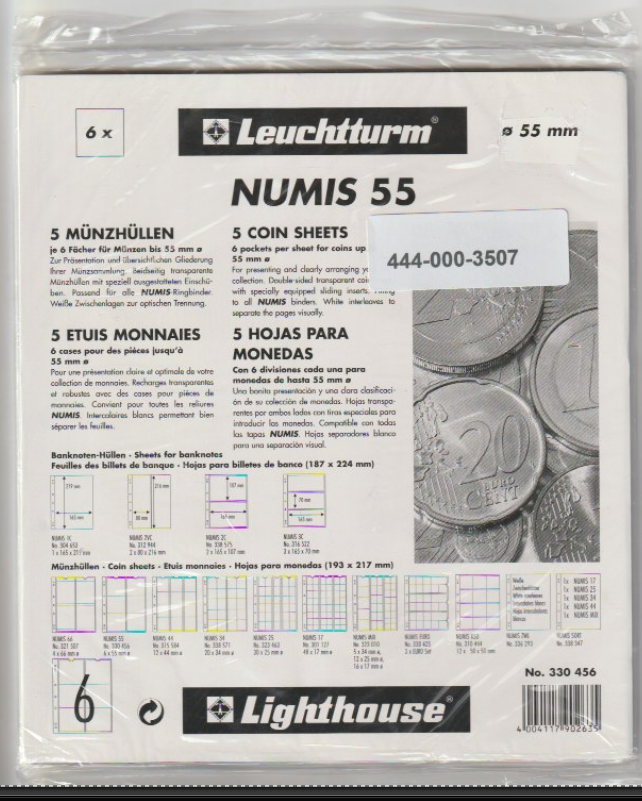 Leuchtturm Numis 55 coin storage album packaging with product details.