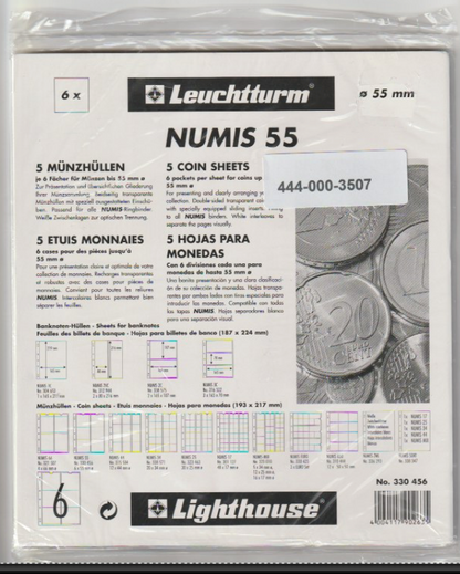 Leuchtturm Numis 55 coin storage album packaging with product details.