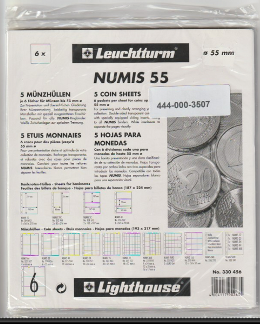 Leuchtturm Numis 55 coin storage album packaging with product details.