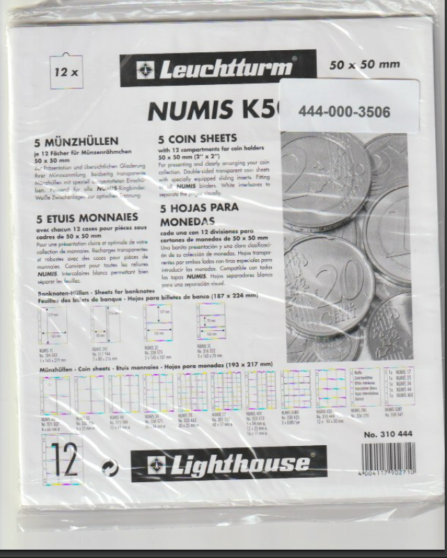 Leuchturm Numis K5 coin sheet packaging with images of coins and text.