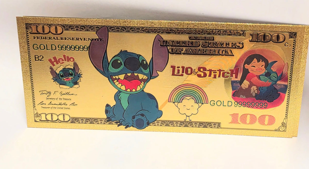 Stitch Lilo & Stitch Disney $100 Dollar 24K Gold Foil Plated Note Bill
