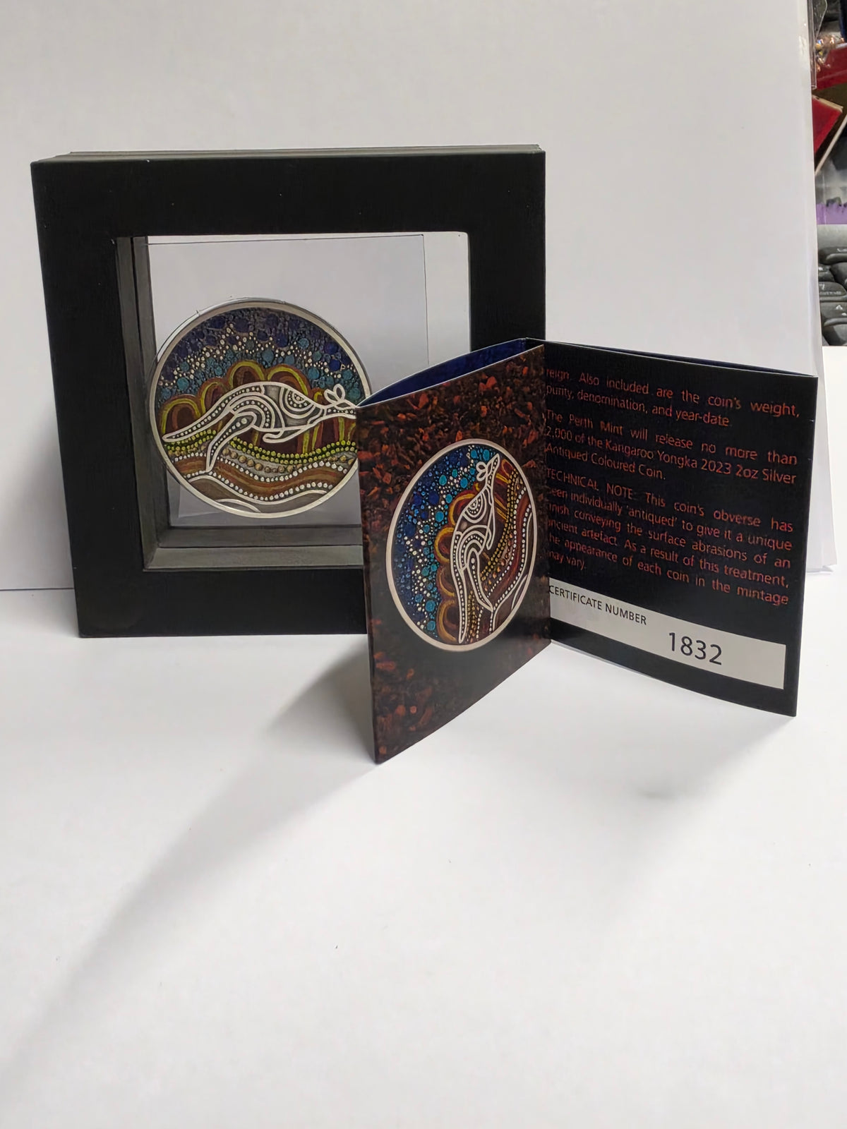 the Perth Mint 2023 Kangaroo Yongka 2oz Silver Antiqued Coloured Coin.