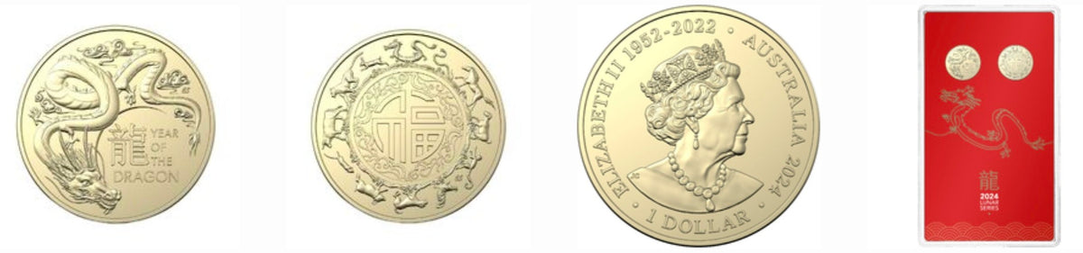 2024 $1 Lunar Year of the Dragon Uncirculated Two-Coin Set issued by the Royal Australian Mint