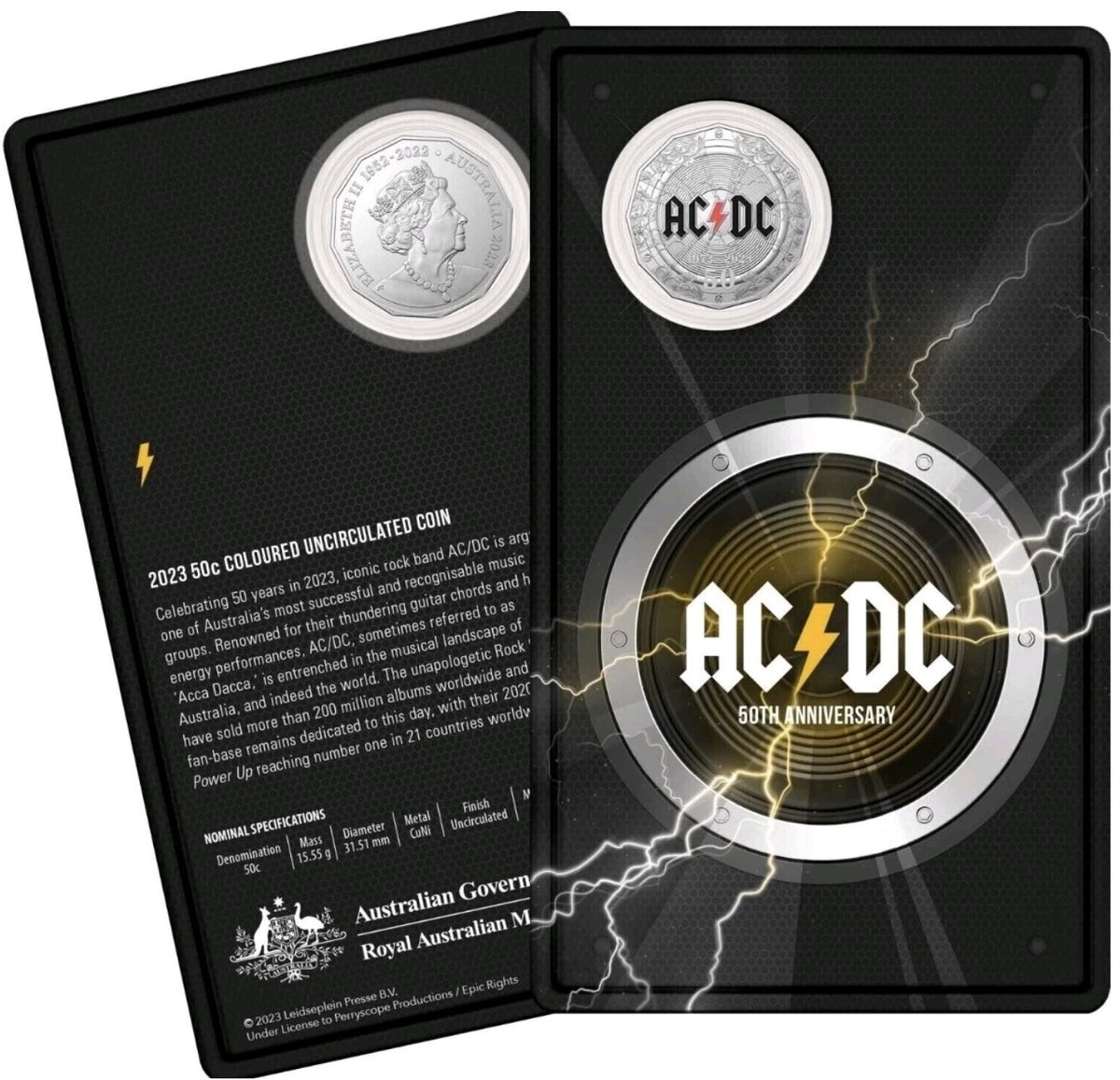 50c 50th Anniversary Of AC/DC - 2023 50c Coloured Uncirculated Coin