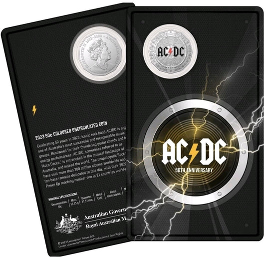 50c 50th Anniversary Of AC/DC - 2023 50c Coloured Uncirculated Coin