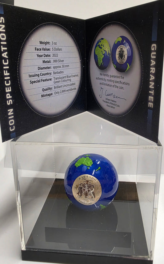 2022 Barbados $5 Blue Marble Planet Earth 3 oz Silver Spherical Coin featuring blue enamel oceans and gold-plated landmasses.