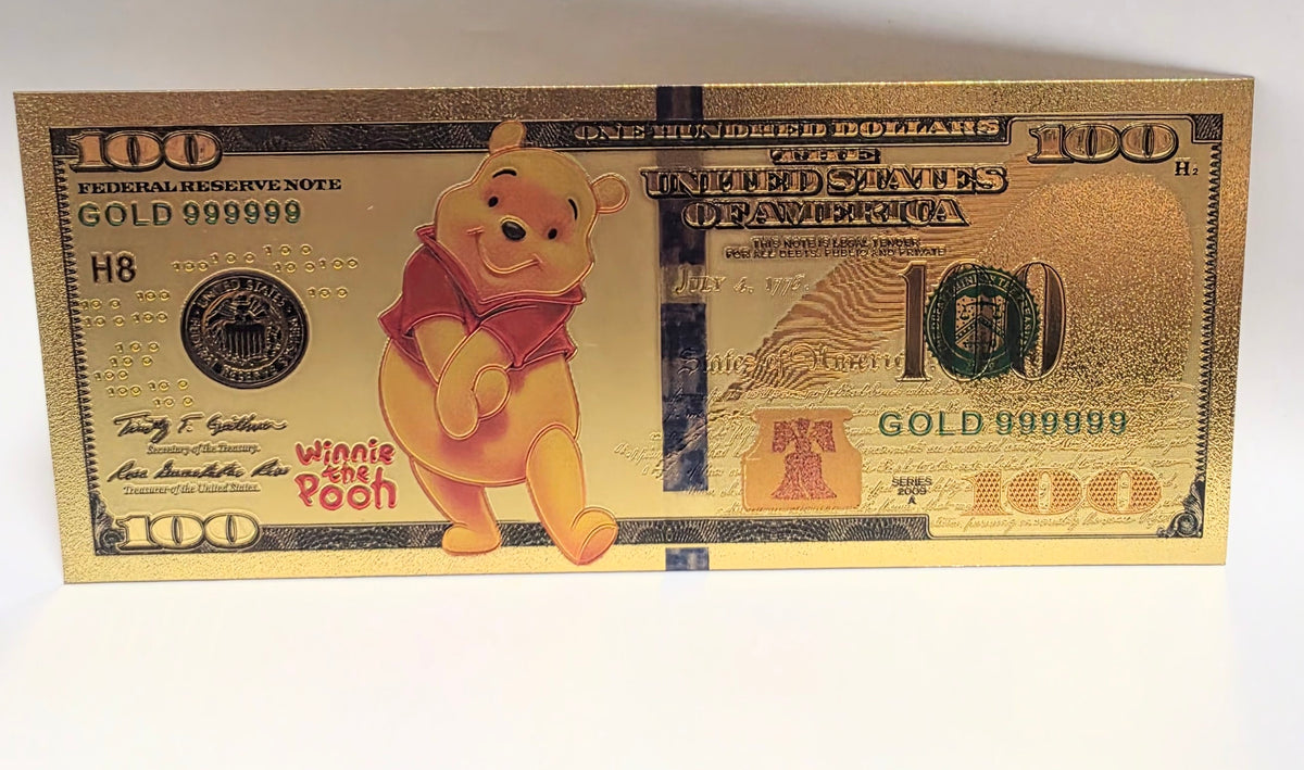 Winnie The Pooh Disney Color $100 Novelty 24K Gold Foil Plated Note Bill