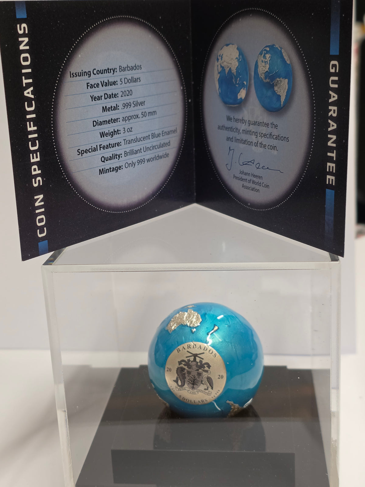 2022 5 Dollars "Blue Marble" Spherical silver coin issued by Barbados.