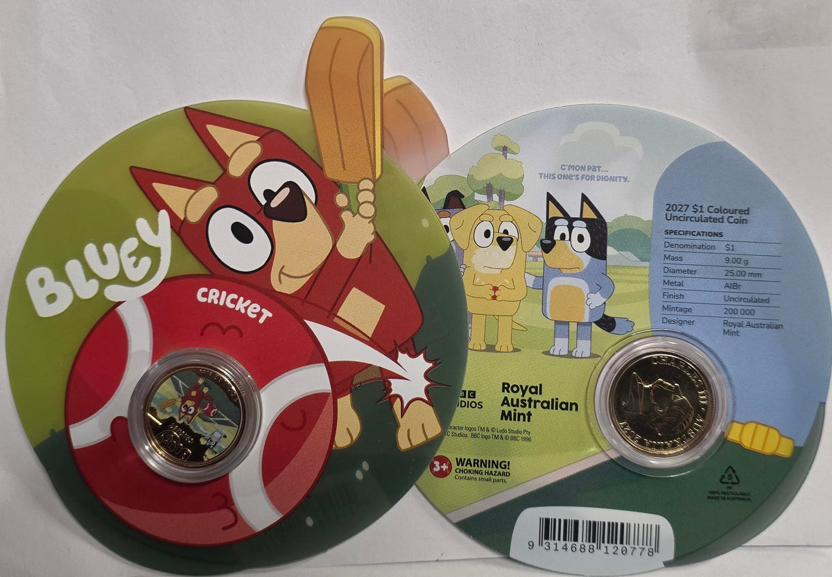 2027 $1 Bluey Cricket Coloured Uncirculated Coin