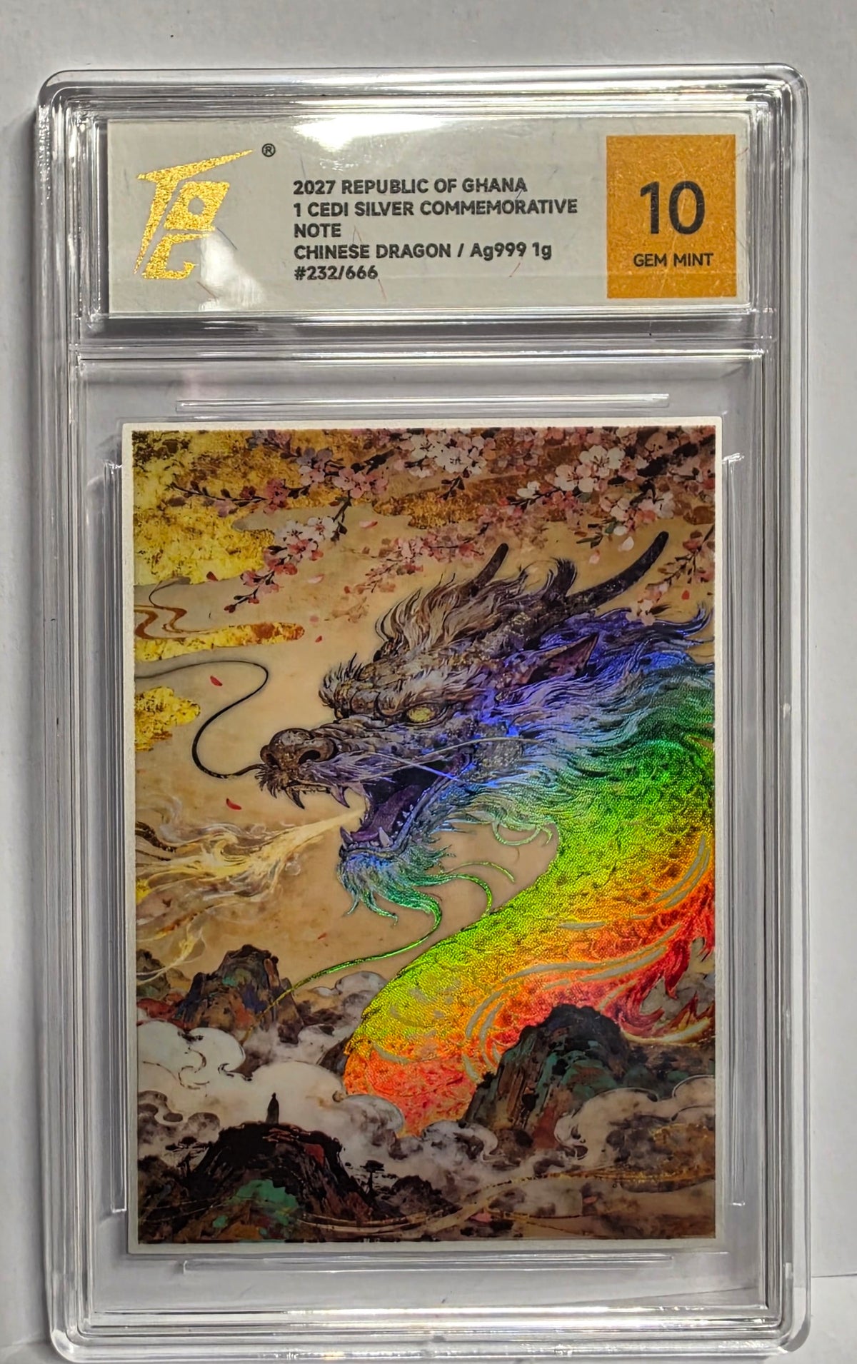 2027 Holographic Chinese dragon 1 Cedi Silver Commemorative note. Republic of Ghana Ag 999 1 gr