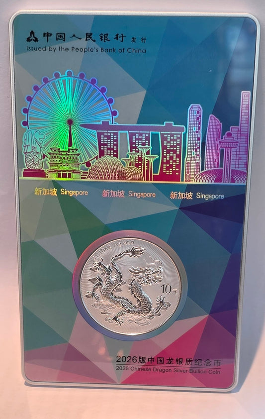 2026 China Dragon 10 Yuan silver coin — Singapore City presentation card edition.