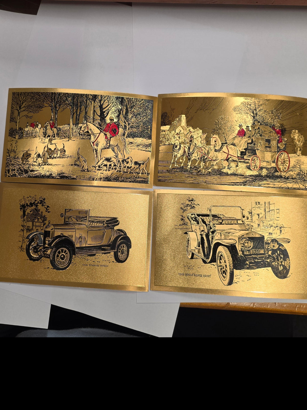 Lot Of 4 Dufex Prints Gold Foil 8.25"X6.25" Antique Cars England