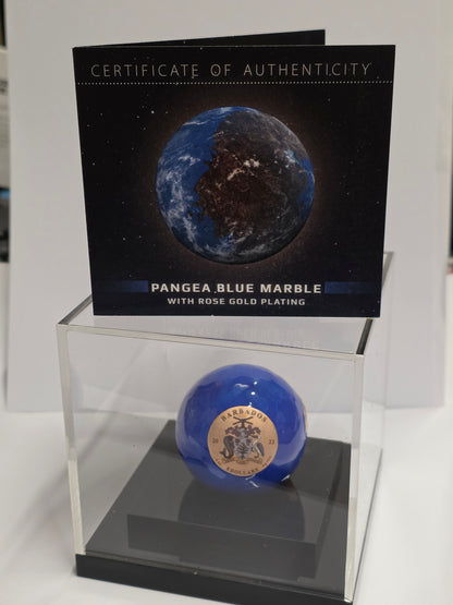 2022 Barbados 5$ Pangea Blue Marble Rose Gold Plated Spherical 3 oz Silver Coin in a display case with its certificate of authenticity
