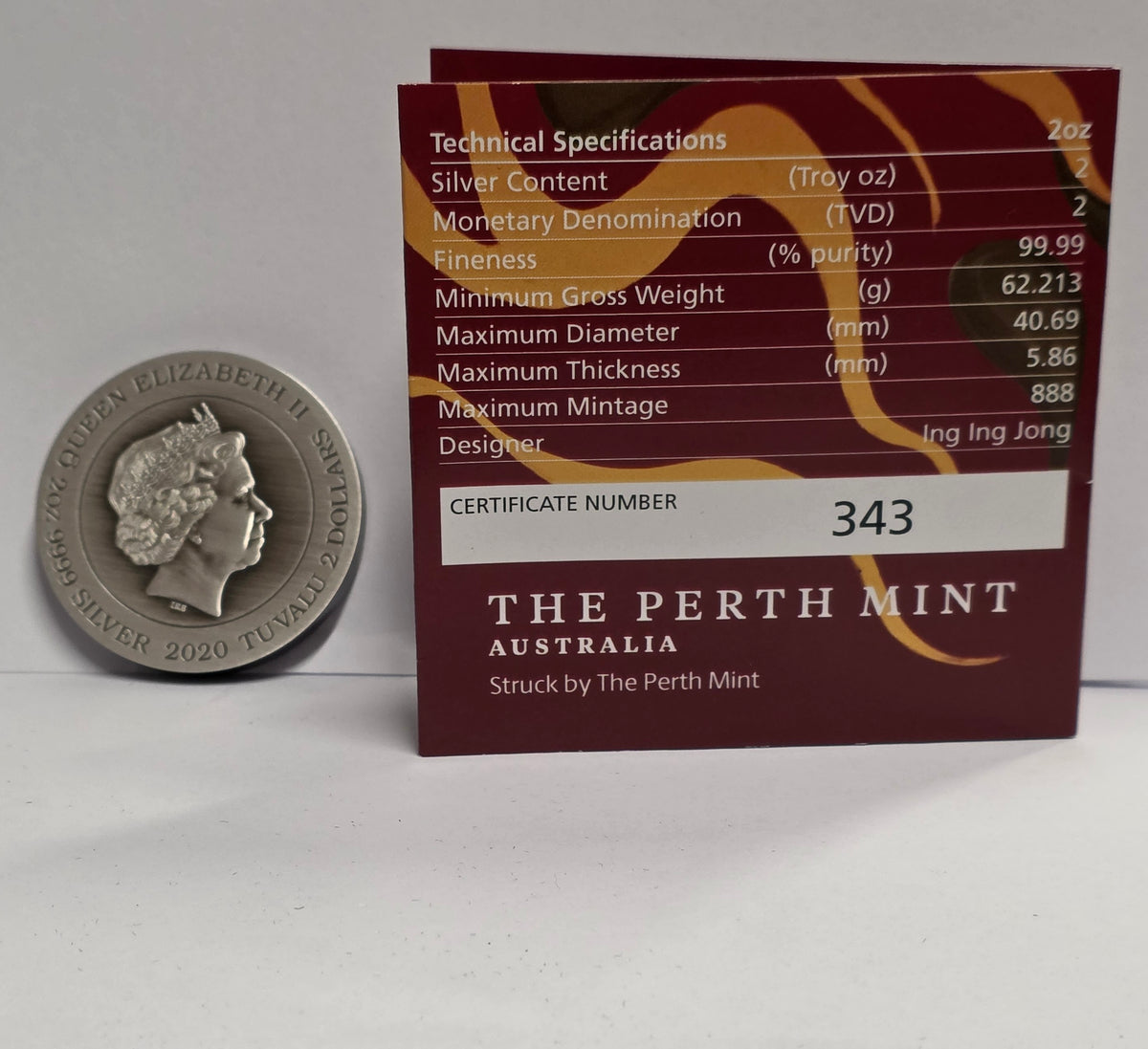 2020 $2 Dragon 2 oz Silver Coloured High Relief Antiqued Coin issued by The Perth Mint for Tuvalu.