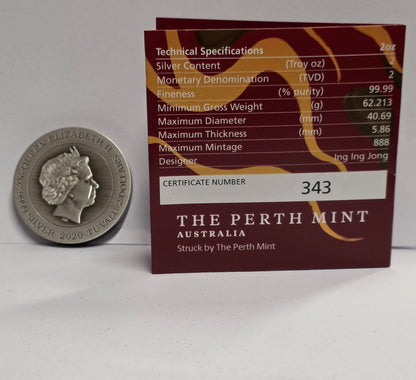 2020 $2 Dragon 2 oz Silver Coloured High Relief Antiqued Coin issued by The Perth Mint for Tuvalu.