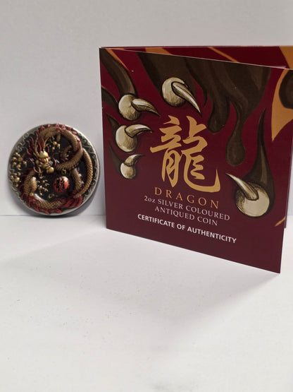 2020 $2 Dragon 2 oz Silver Coloured High Relief Antiqued Coin issued by The Perth Mint for Tuvalu.