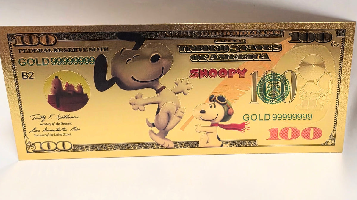 Snoopy Beagle Peanuts Cartoon $100 Novelty 24K Gold Foil Plated Note Bill GFN80