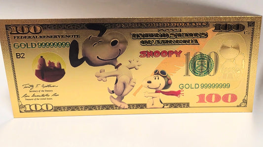 Snoopy Beagle Peanuts Cartoon $100 Novelty 24K Gold Foil Plated Note Bill GFN80