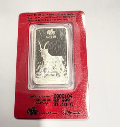 2015 PAMP Suisse Lunar Calendar Series "Year of the Goat" silver bar sealed in an assay card.