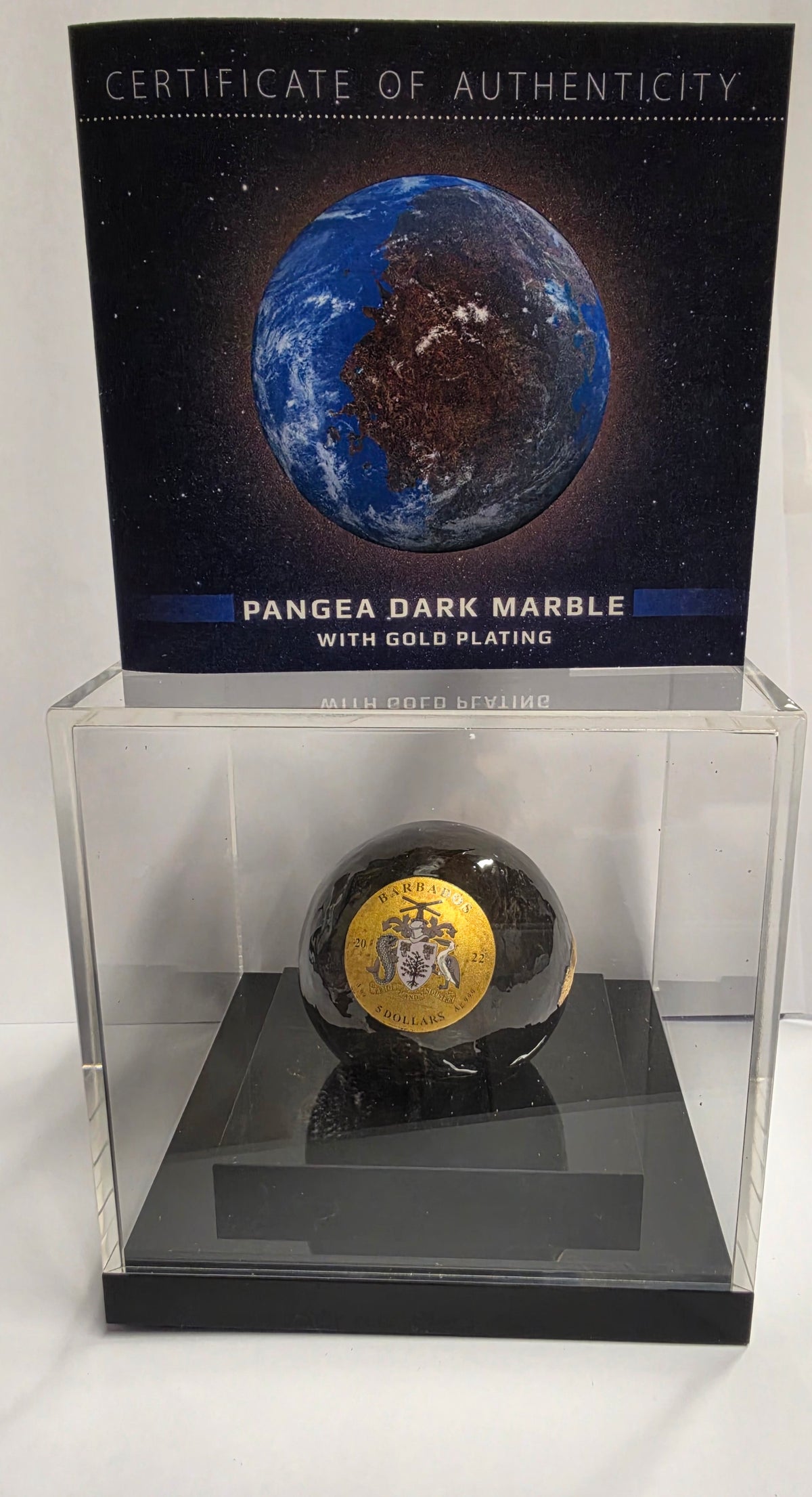 2022 Barbados 5 Dollars Spherical Globe Coin ("Pangea Dark Marble with Gold Plating" or "Blue Marble" series