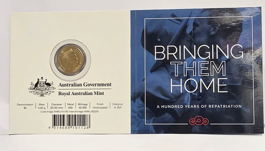 2019 $2 'C' Mintmark Uncirculated Coloured Coin – Bringing Them Home – A Hundred Years of Repatriation issued by the Royal Australian Mint