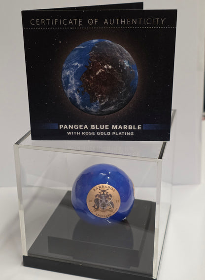 2022 Barbados 5$ Pangea Blue Marble Rose Gold Plated Spherical 3 oz Silver Coin in a display case with its certificate of authenticity