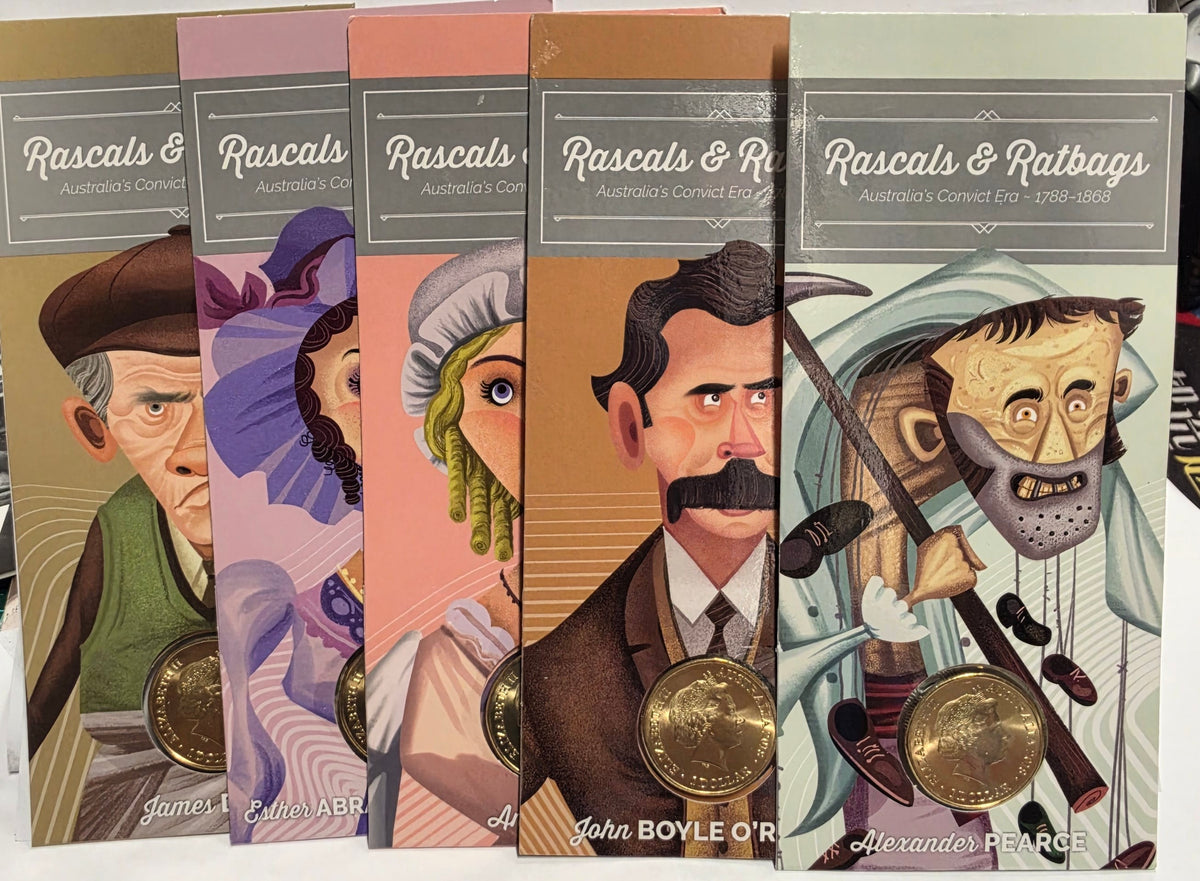 2018 $1 'Rascals & Ratbags' uncirculated coin cards from Australia's convict era.