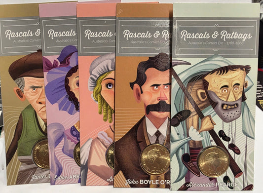 2018 $1 'Rascals & Ratbags' uncirculated coin cards from Australia's convict era.
